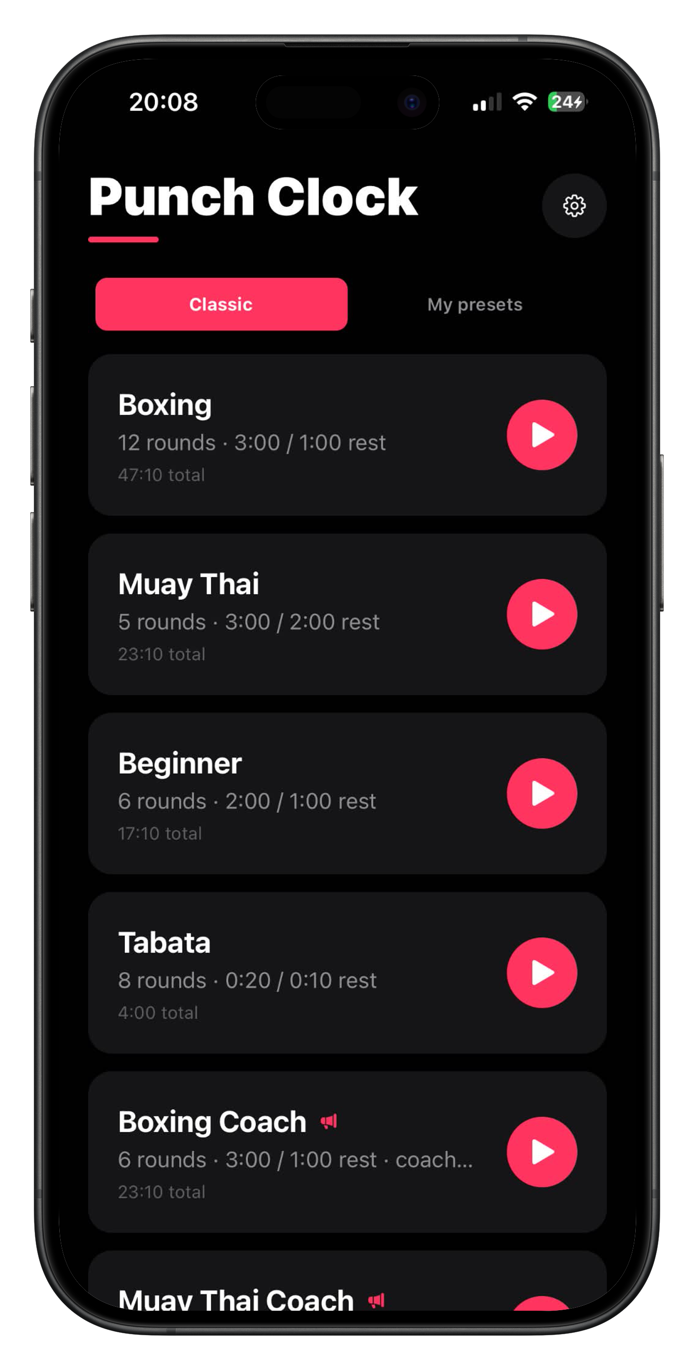 Classic presets: boxing, muay thai, tabata